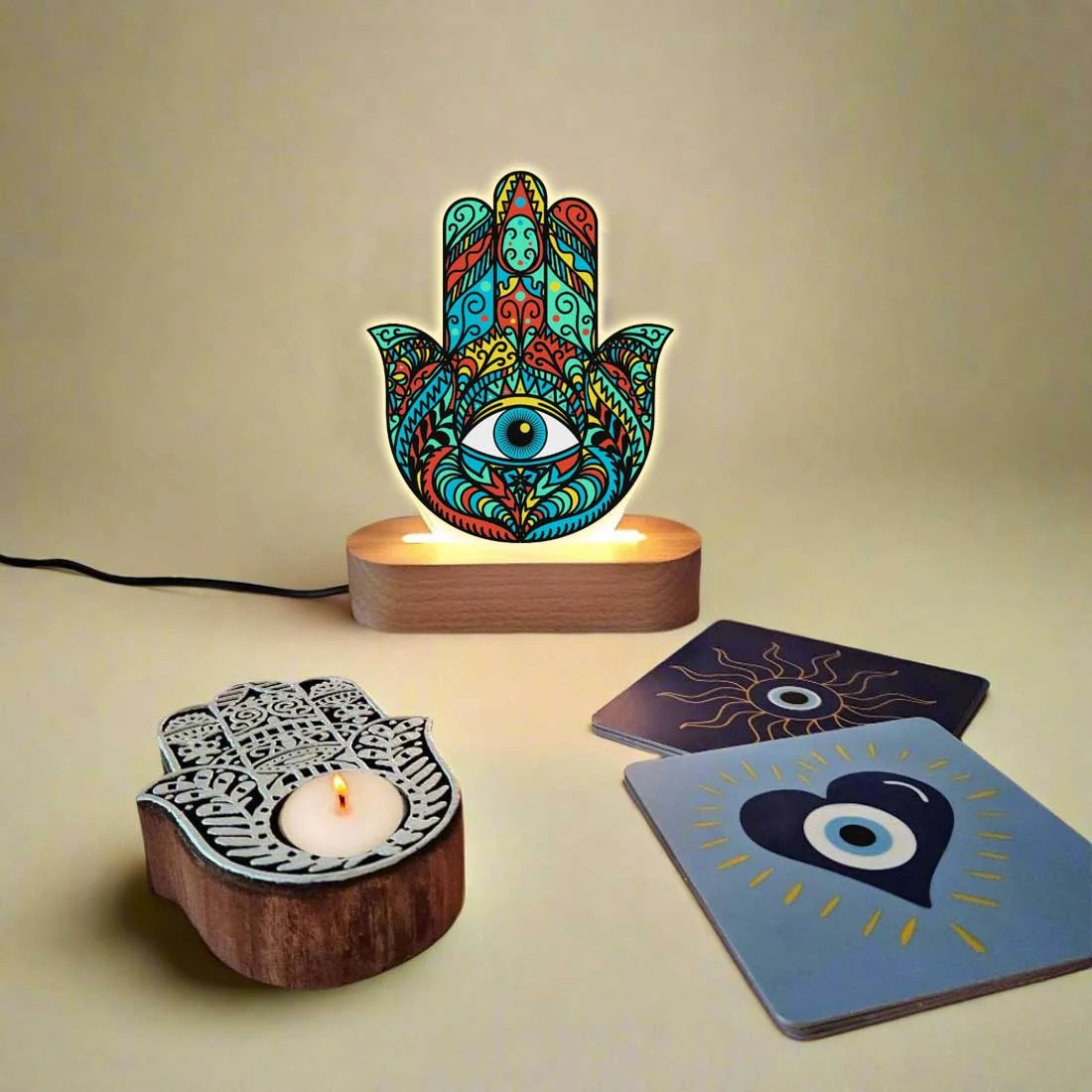 Powerful Hamsa Hand Protection with LED Lamp Coasters and Evil Eye Candle Gift Set - Image 6