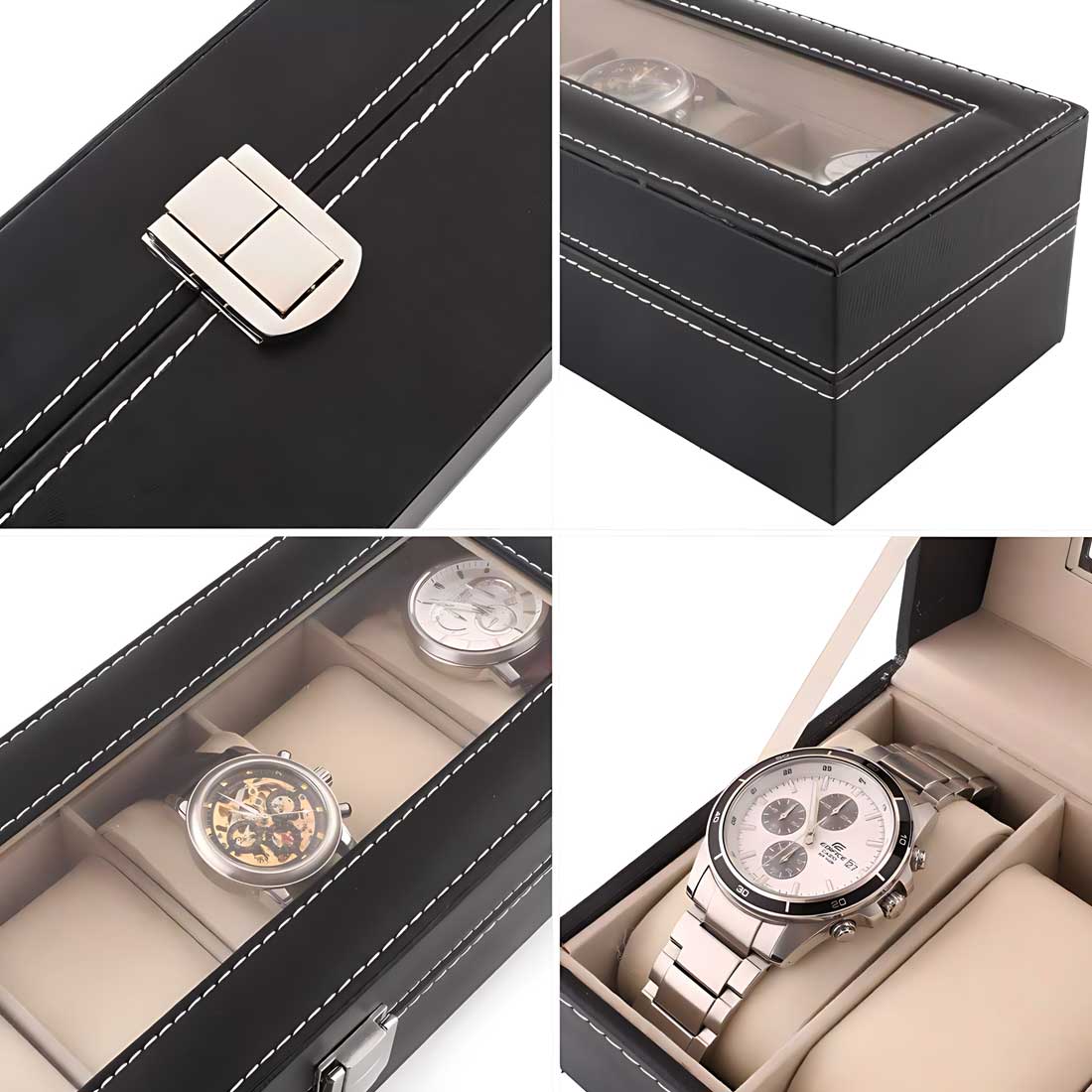 Rakhi Gift for Bother Wrist Watch Organiser with Name- Black PU Leather Watch Collection with 6-Slots - Image 5