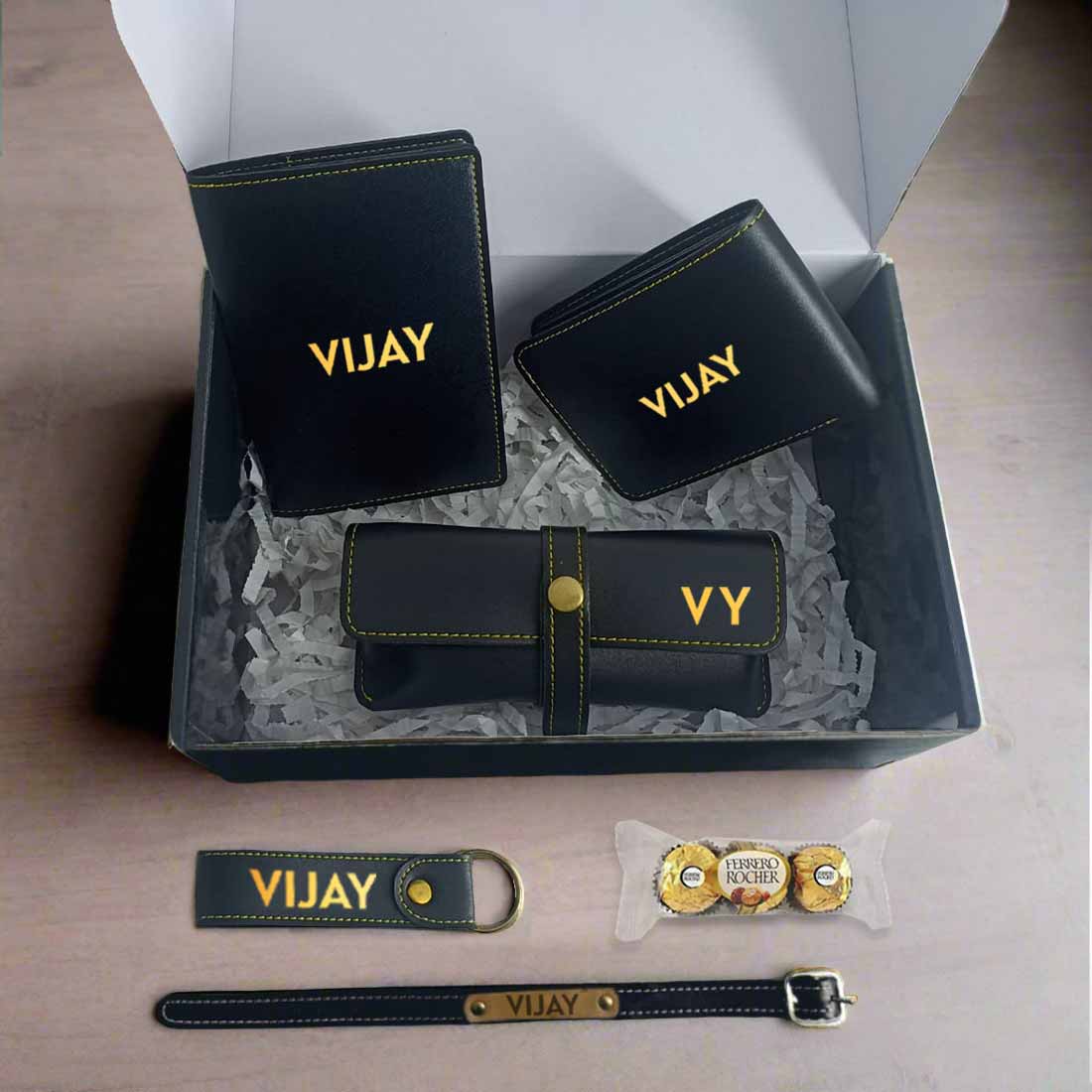 Rakhi Hampers For Brother with Custom Passport Cover, Mens Wallet, Sunglass Case, Key Chain and Stylish Rakhi - Image 2