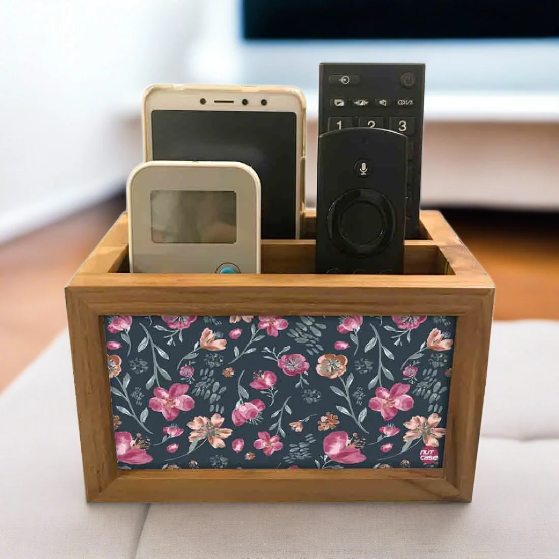 Organizer For TV AC Remotes -Cute Baby Floral Art Gray - Image 2