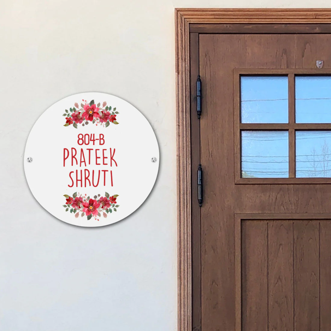 Round Name Plate Red Floral Design Nameplate for Home - Available in Wood and Acrylic - Image 3