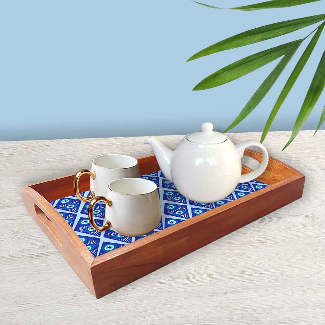 Wooden Tea Serving Tray with Handle Set of 3 Evil Eye - Image 2