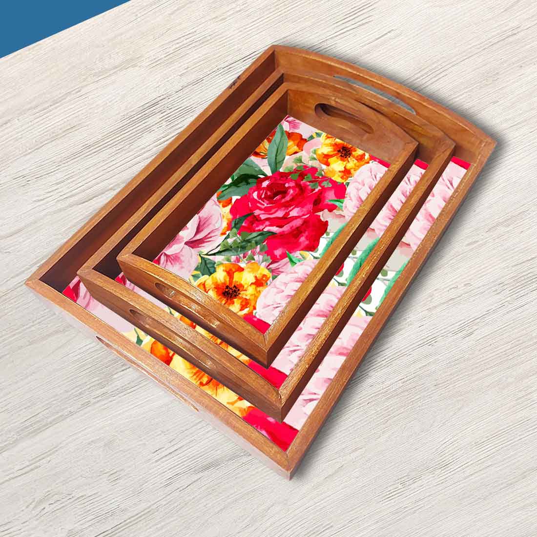 Rectangular Kitchen Trays for Serving Tea Tray Set of 3 - Rose