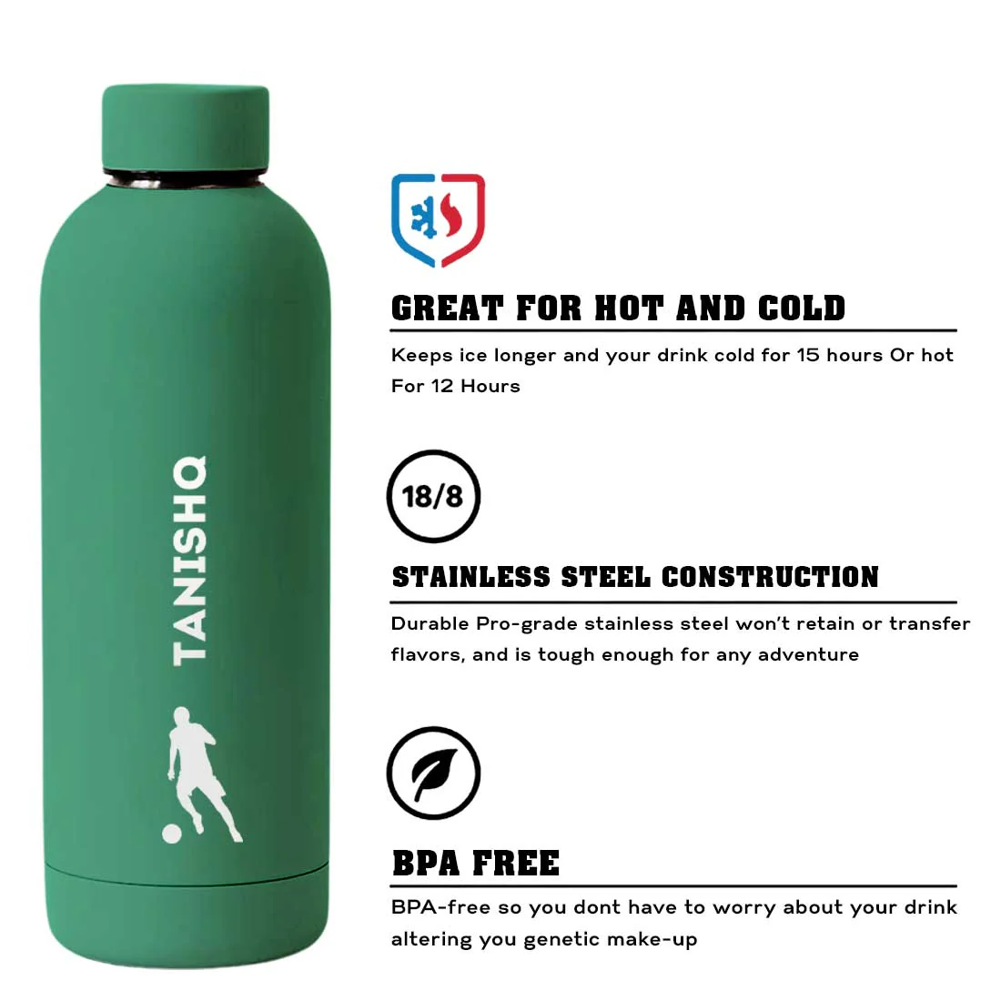 Stainless Steel Insulated Water Bottle with Name 500ML Water Bottles for Sports - BPA Free, Leakproof - Football - Image 37