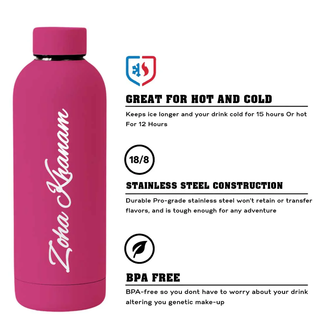 Stainless Steel Water Bottle with Names 500ml Double Insulated Bottles for Office Home Travel- BPA Free, Leakproof - Image 29