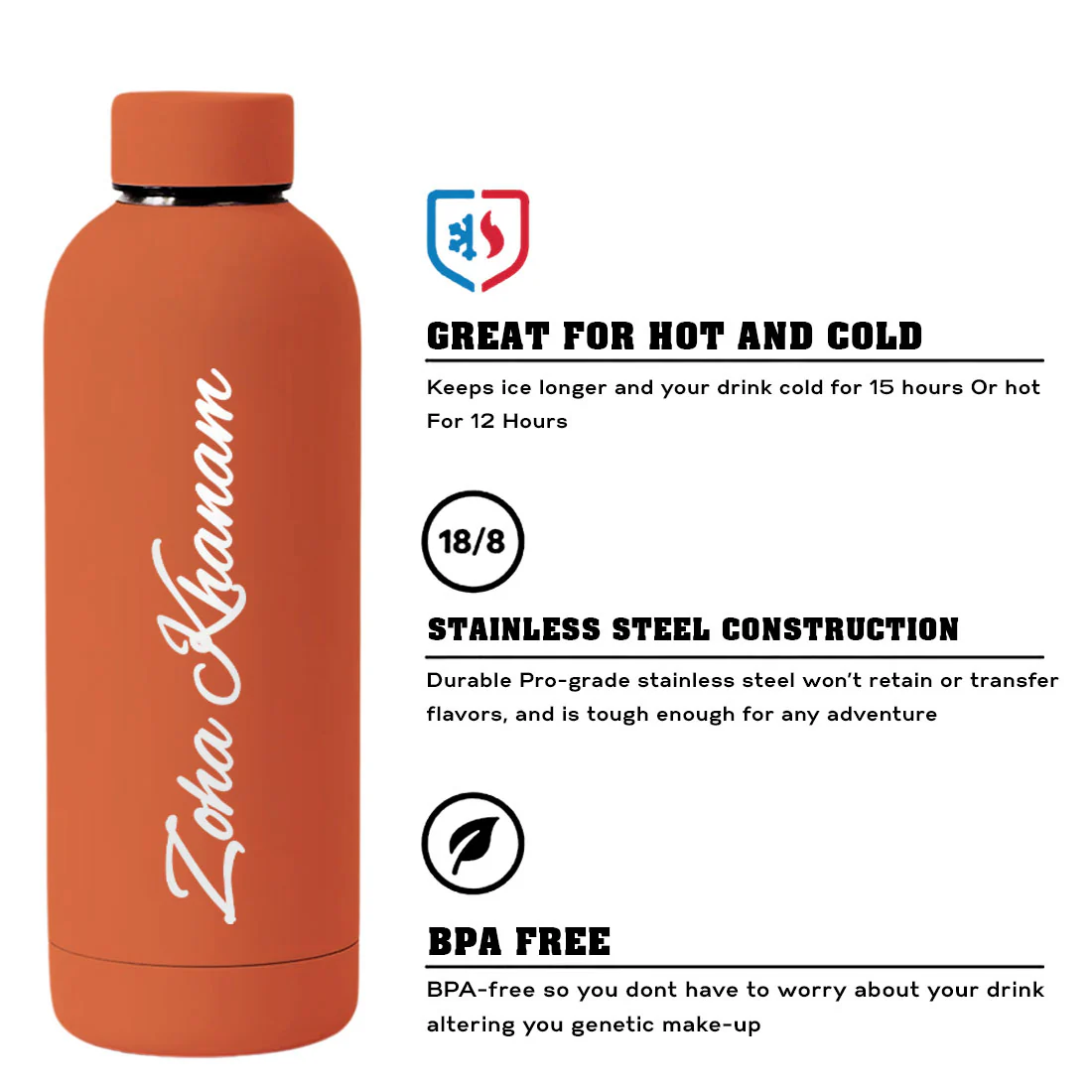 Stainless Steel Water Bottle with Names 500ml Double Insulated Bottles for Office Home Travel- BPA Free, Leakproof - Image 33