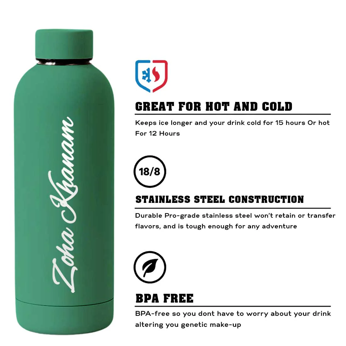 Stainless Steel Water Bottle with Names 500ml Double Insulated Bottles for Office Home Travel- BPA Free, Leakproof - Image 51