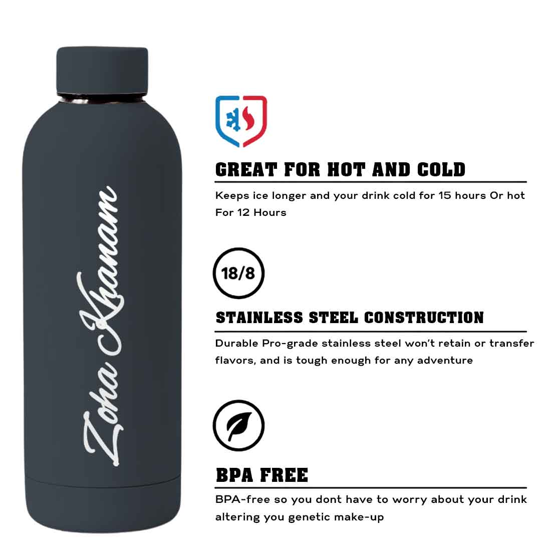Stainless Steel Water Bottle with Names 500ml Double Insulated Bottles for Office Home Travel- BPA Free, Leakproof - Image 58