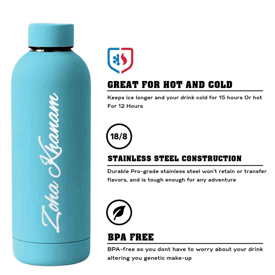 Stainless Steel Water Bottle with Names 500ml Double Insulated Bottles for Office Home Travel- BPA Free, Leakproof - Image 63