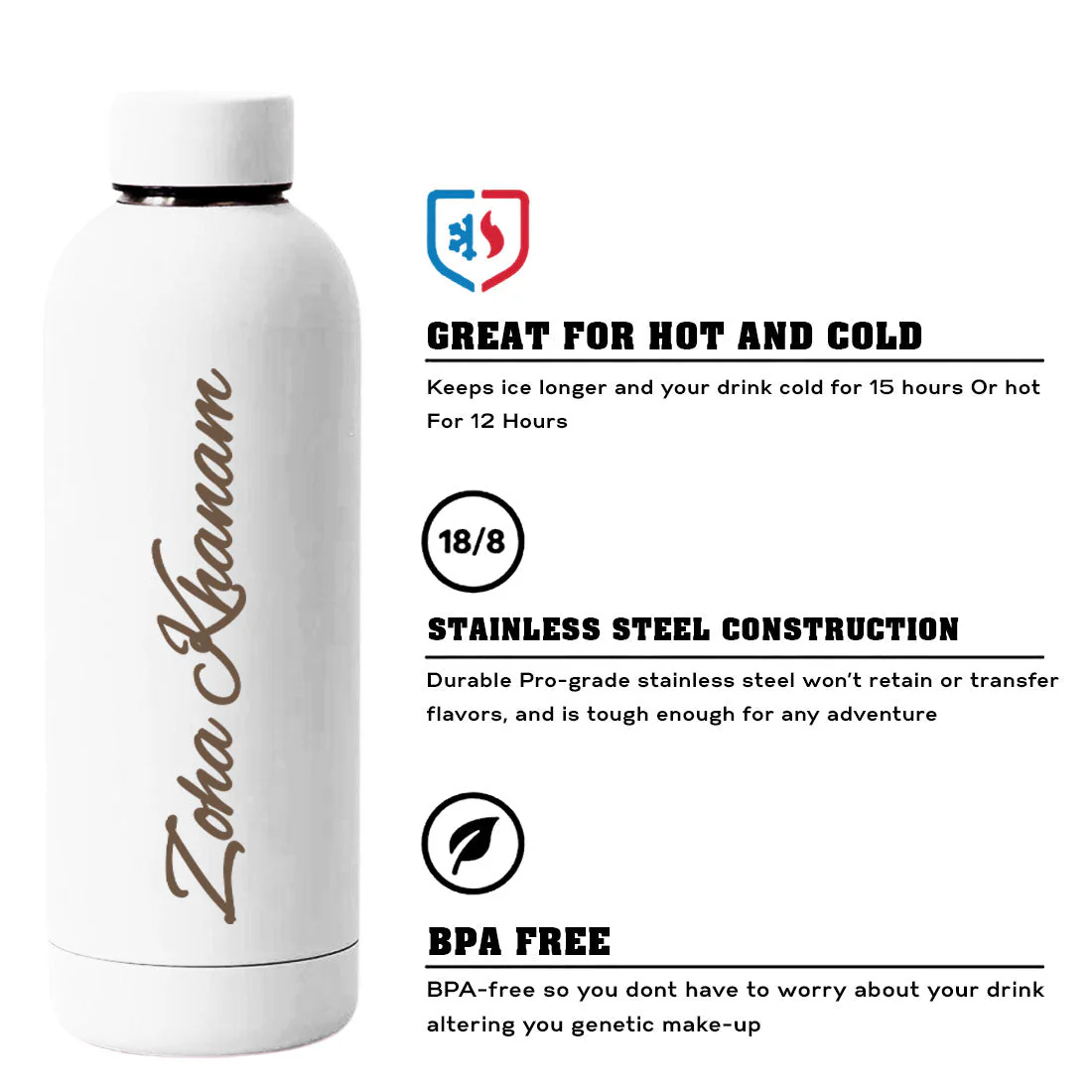 Stainless Steel Water Bottle with Names 500ml Double Insulated Bottles for Office Home Travel- BPA Free, Leakproof- Set OF 2 - Image 15