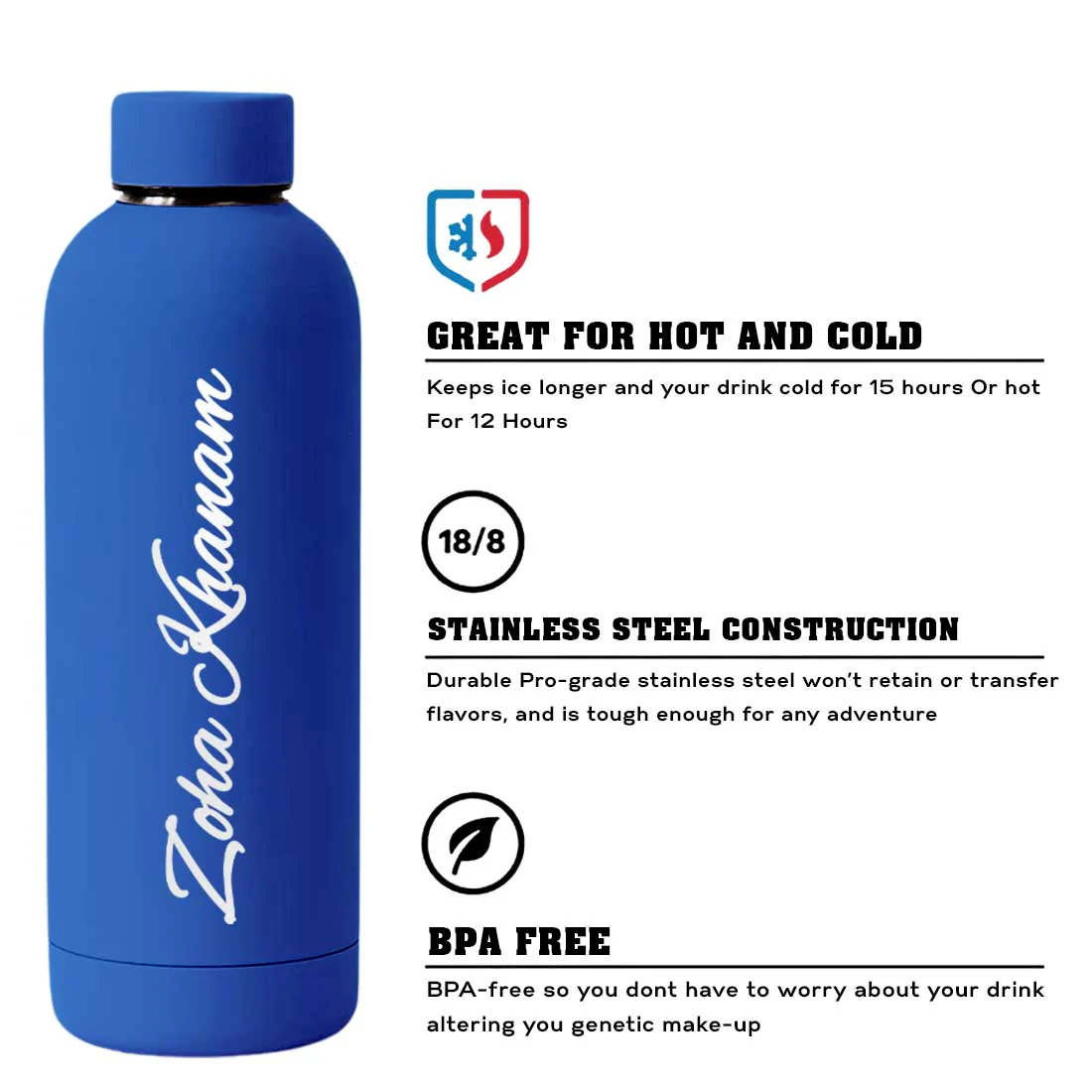 Stainless Steel Water Bottle with Names 500ml Double Insulated Bottles for Office Home Travel- BPA Free, Leakproof- Set OF 2 - Image 24