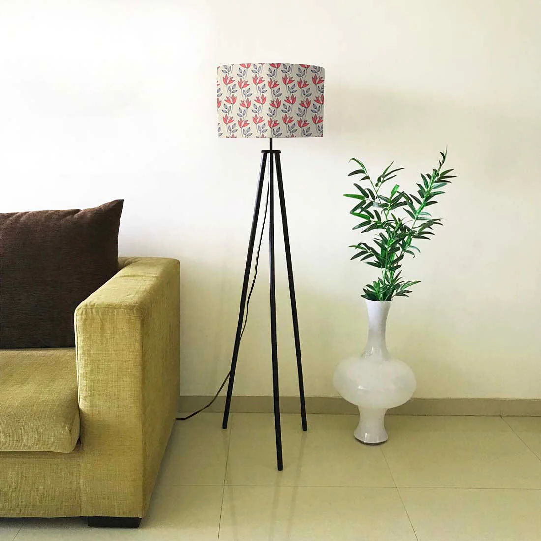 Tripod Standing Floor Lamp in Bedroom - Pink Floral
