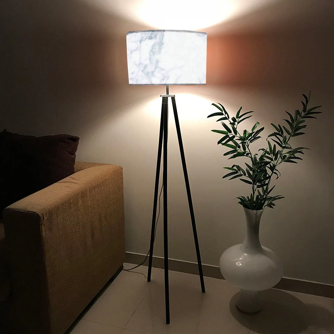 Tripod Floor Lamp Standing Light for Living Rooms -White Marble Effect - Image 2