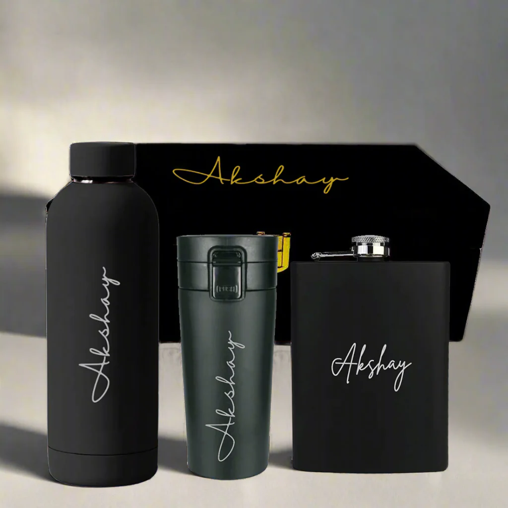 Valentine's Day Gifts for Boyfriend-Black Personalized Double Insulated Bottle, Coffee Tumbler with Hip Flask or Diary