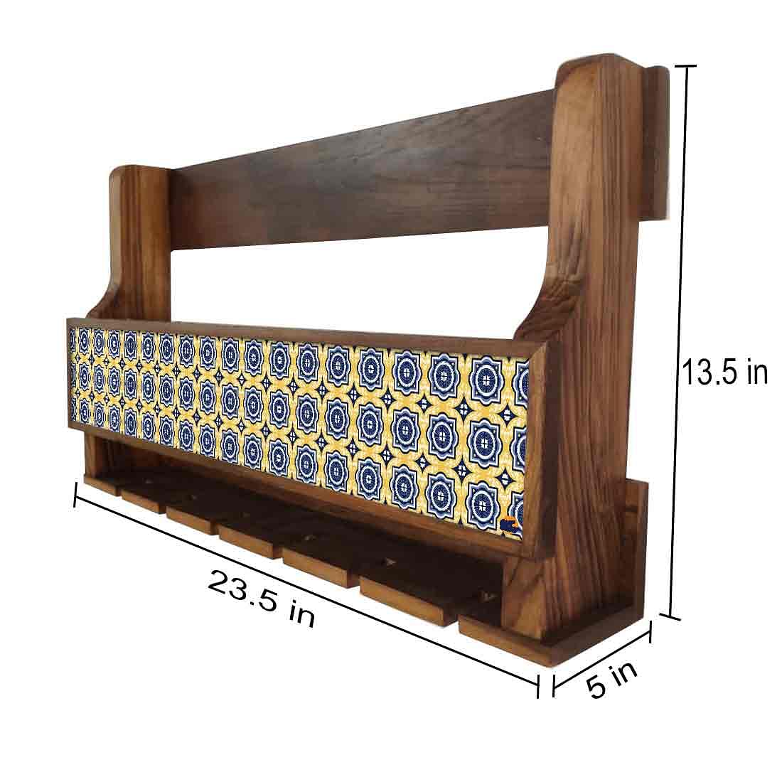 Nutcase Designer Wooden Wine Rack Gloss Holder, Teak Wood Wall Mounted Wine
Cabinet , 5 bottle Hangers for 6 Wine Glasses - - Image 4