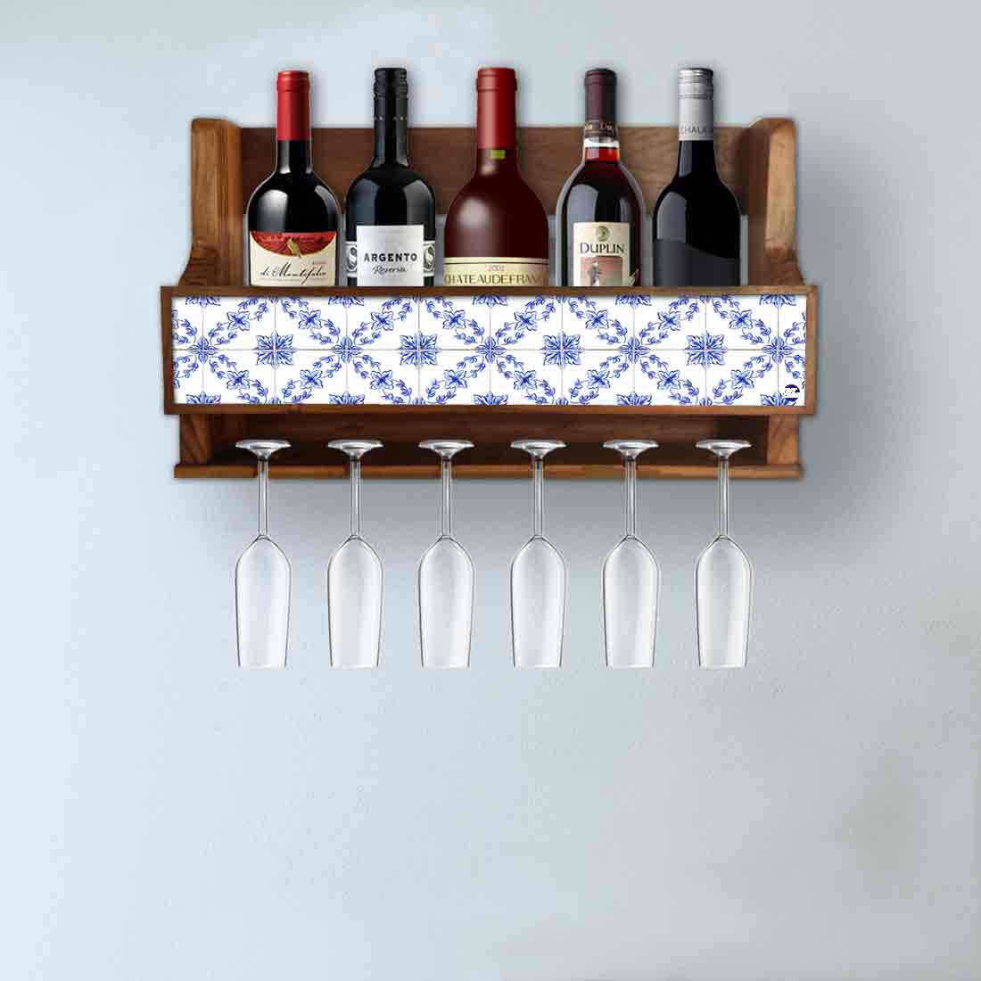 Nutcase Designer Wooden Wine Rack Gloss Holder, Teak Wood Wall Mounted Wine
Cabinet , 5 bottle Hangers for 6 Wine Glasses - - Image 3