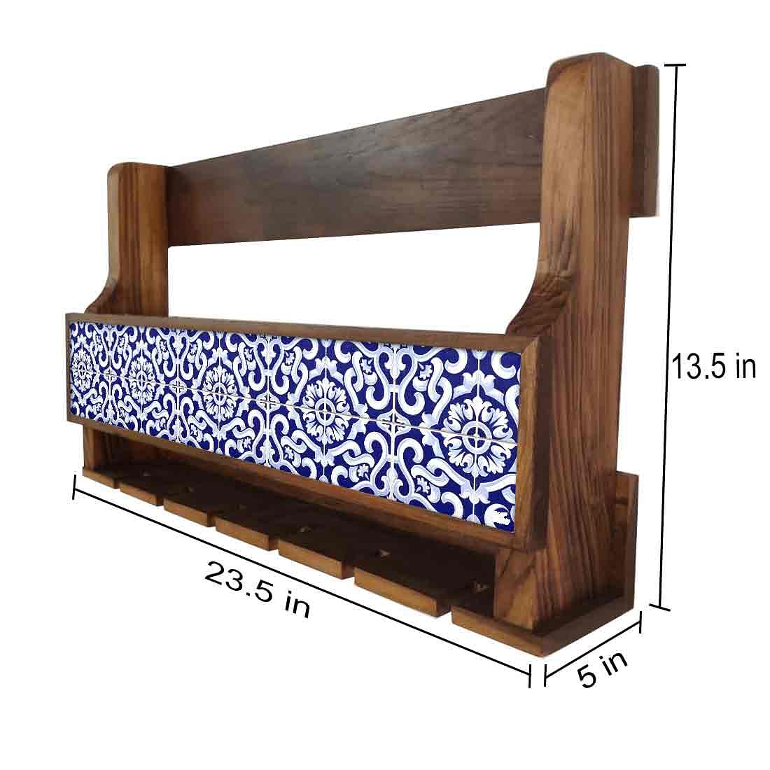 Nutcase Designer Wooden Wine Rack Gloss Holder, Teak Wood Wall Mounted Wine
 Cabinet , 5 bottle Hangers for 6 Wine Glasses - - Image 4