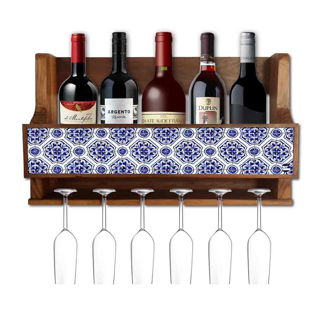 Wall Mounted Wooden Wine Cabinet for Living Room 5 Bottles 6 Glasses - Spanish Tiles