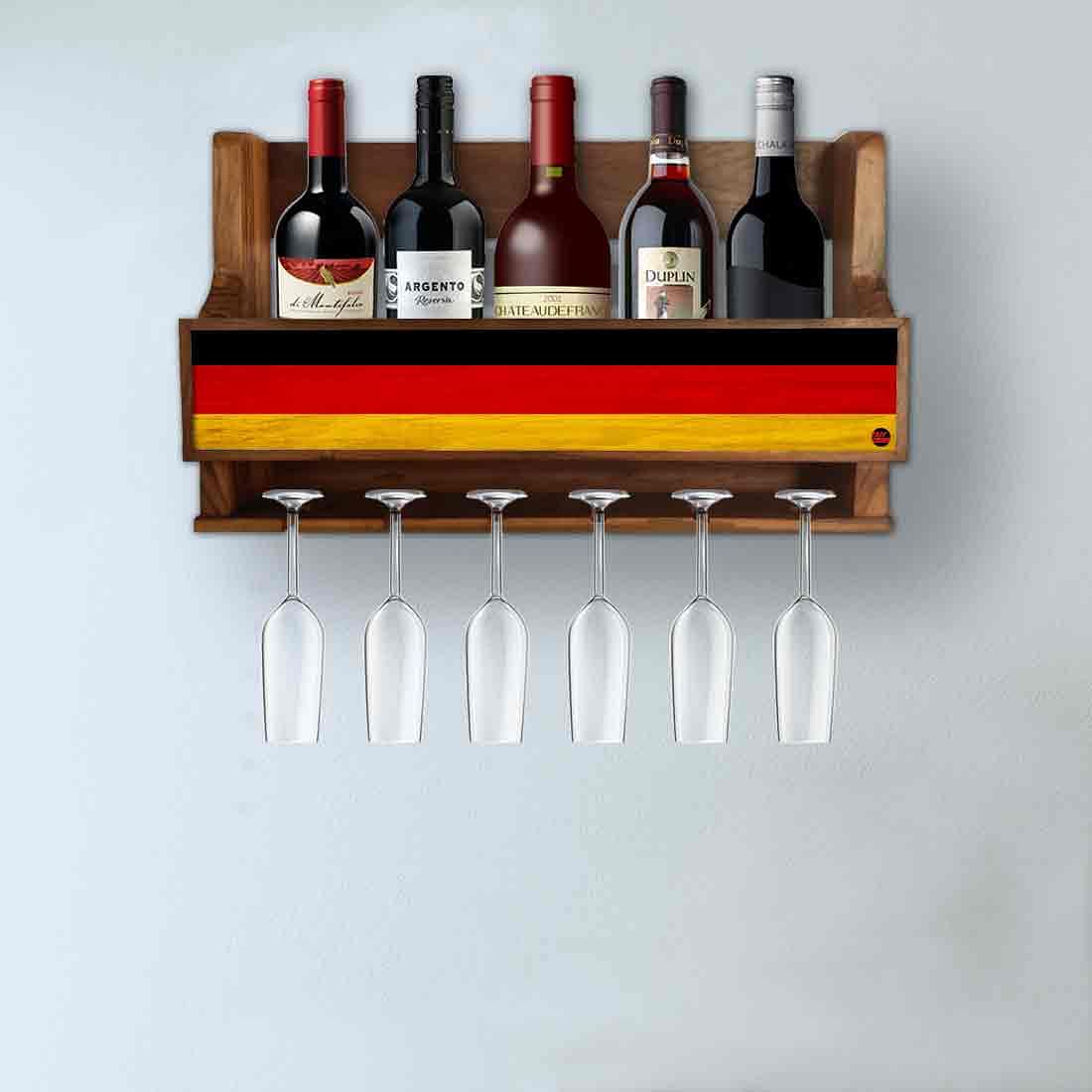 Nutcase Designer Wooden Wine Rack Gloss Holder, Teak Wood Wall Mounted Wine
Cabinet , 5 bottle Hangers for 6 Wine Glasses - - Image 3