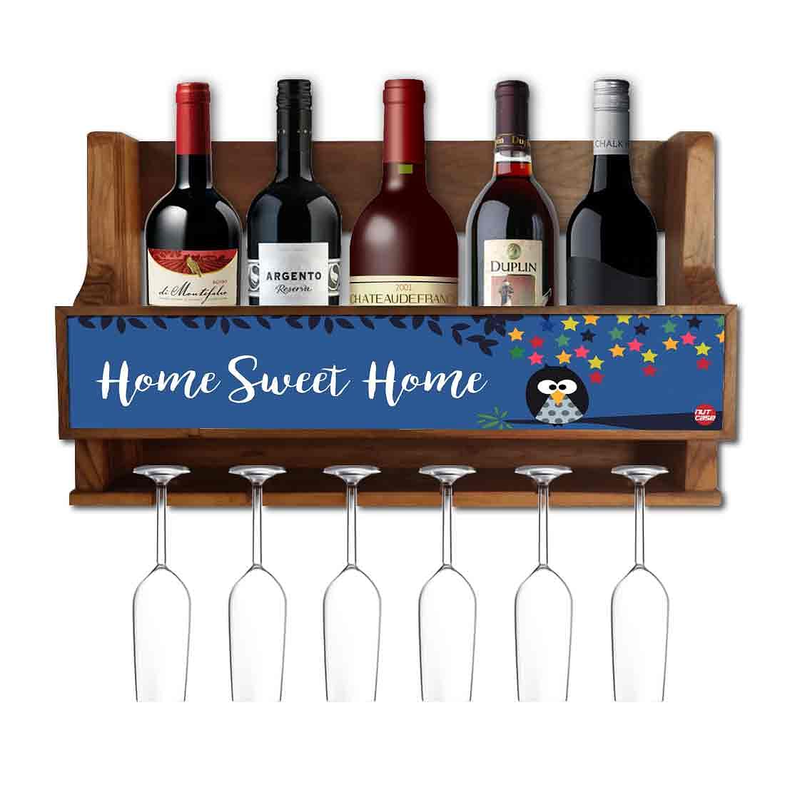 Wooden Wine Bottle and Glass Holder Wall Mounted for Mini Bar 5 Bottles 6 Glasses - Sweet Home