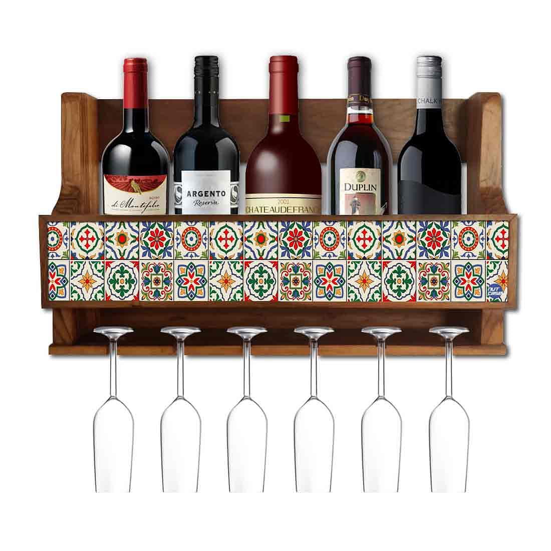 Designer Wood Wine Rack Wall for Living Room - Stores 5 Bottles 6 Glasses - Spanish Tiles