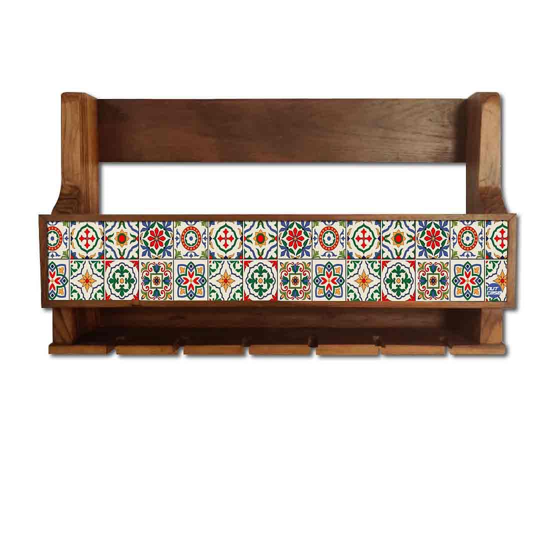 Designer Wood Wine Rack Wall for Living Room - Stores 5 Bottles 6 Glasses - Spanish Tiles - Image 2