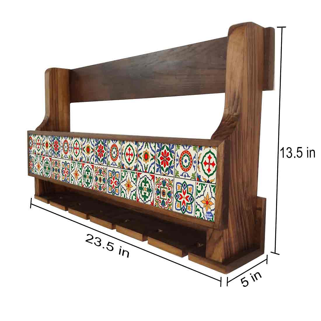 Designer Wood Wine Rack Wall for Living Room - Stores 5 Bottles 6 Glasses - Spanish Tiles - Image 4