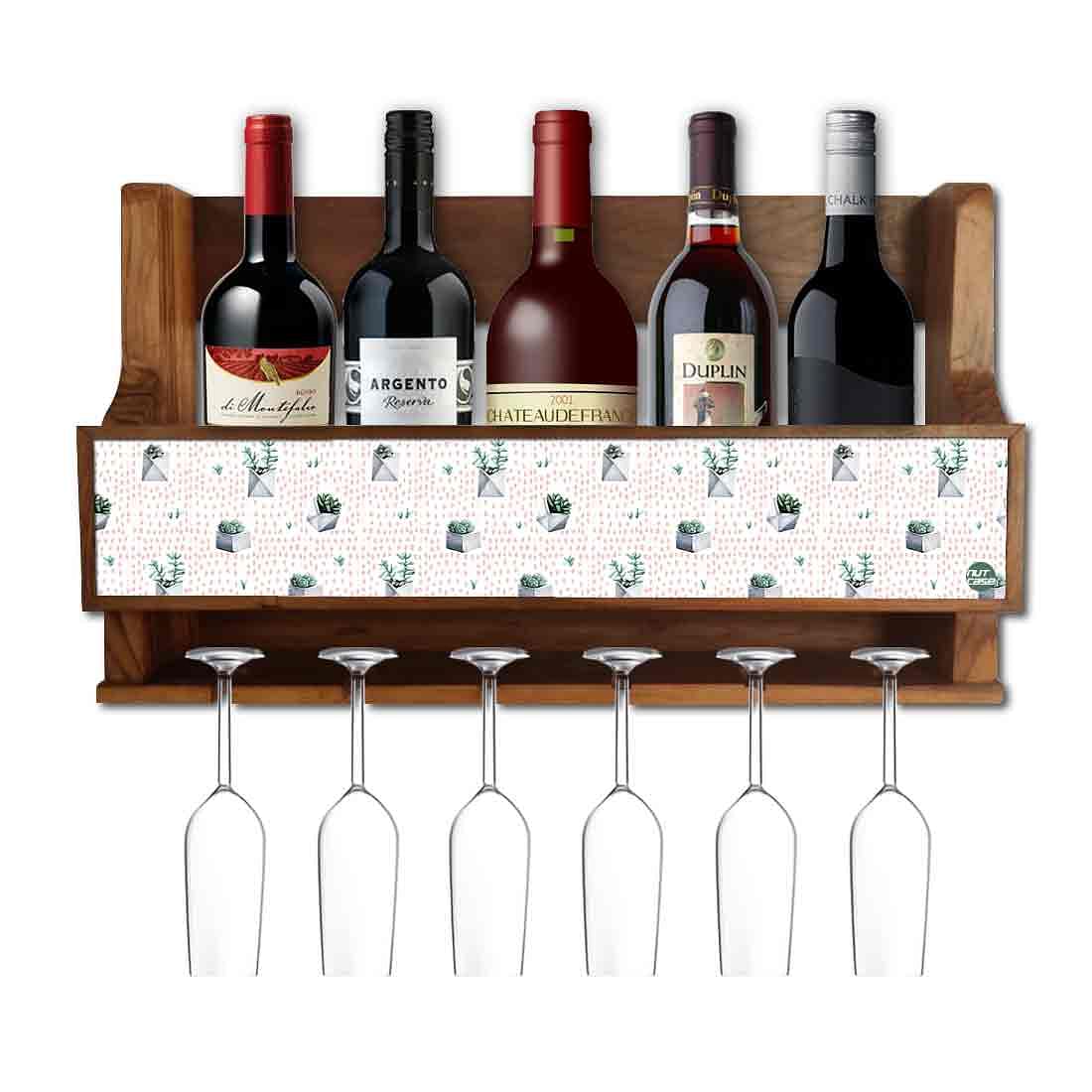 Nutcase Designer Wooden Wine Rack Gloss Holder, Teak Wood Wall Mounted Wine
Cabinet , 5 bottle Hangers for 6 Wine Glasses -