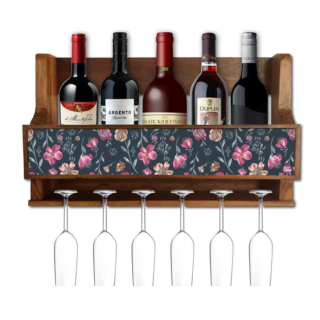 Nutcase Designer Wooden Wine Rack Gloss Holder, Teak Wood Wall Mounted Wine
 Cabinet , 5 bottle Hangers for 6 Wine Glasses -