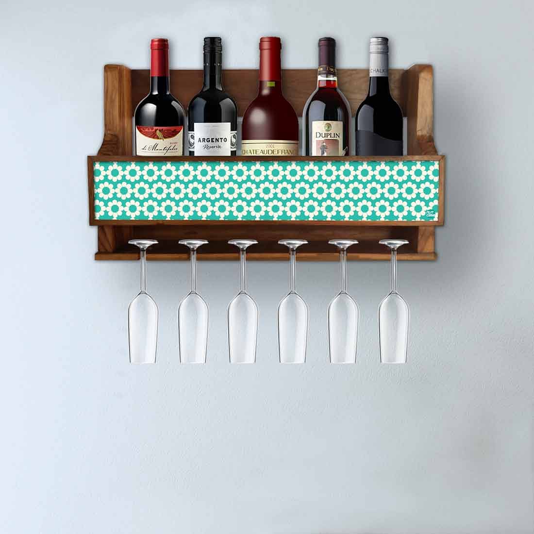 Nutcase Wooden Wine Stand Mini Bar Wall Mounted for 5 Bottles 6 Glasses-Blue Polka - Image 3