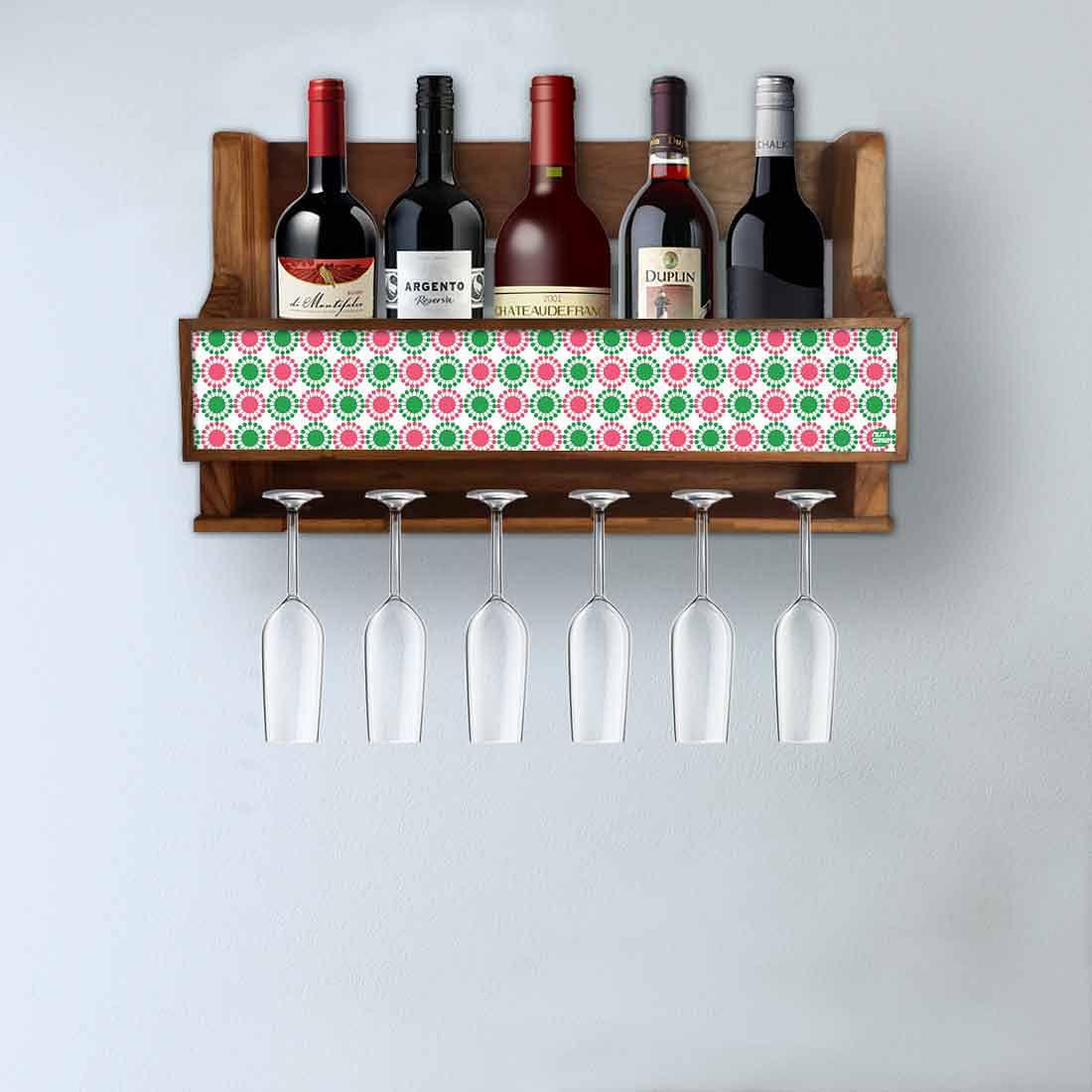 Nutcase Wooden Wine Bottle Holder Wall Mount Mini Bar for 5 bottles 6 Glasses-Pink Green Polka - Image 3