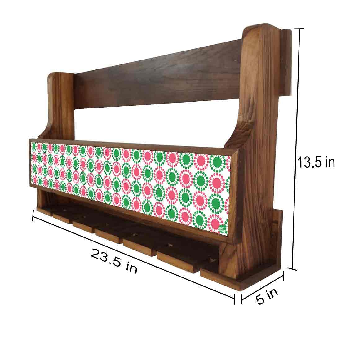 Nutcase Wooden Wine Bottle Holder Wall Mount Mini Bar for 5 bottles 6 Glasses-Pink Green Polka - Image 4