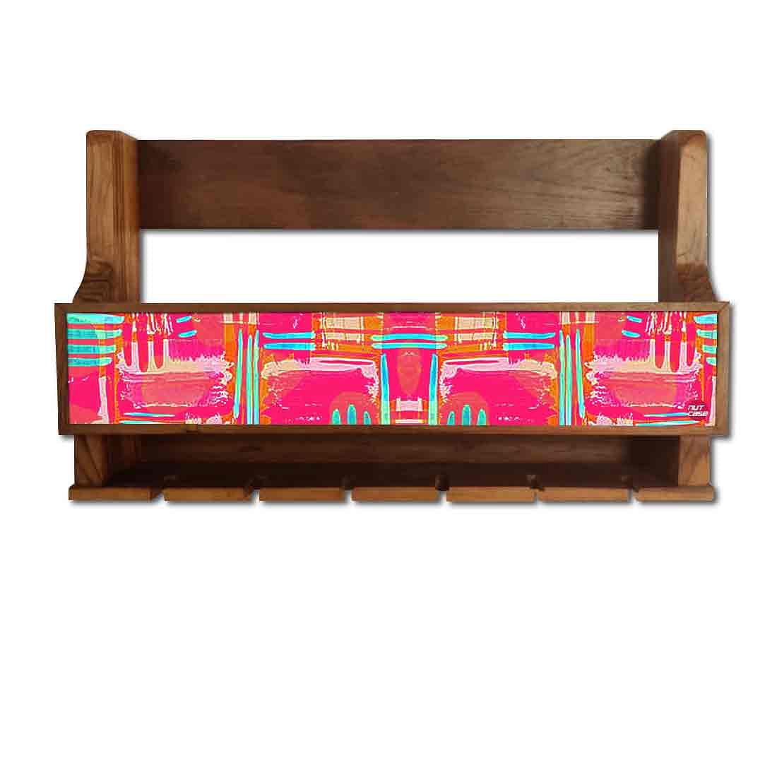 Nutcase Designer Wooden Wine Rack Gloss Holder, Teak Wood Wall Mounted Wine
 Cabinet , 5 bottle Hangers for 6 Wine Glasses -  Abstract Pink - Image 2