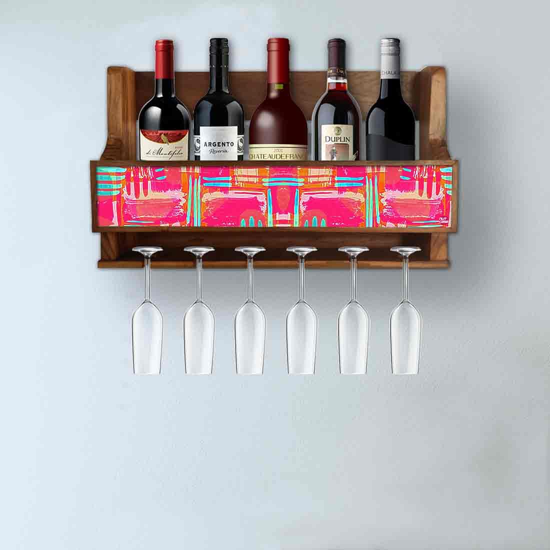 Nutcase Designer Wooden Wine Rack Gloss Holder, Teak Wood Wall Mounted Wine
 Cabinet , 5 bottle Hangers for 6 Wine Glasses -  Abstract Pink - Image 3