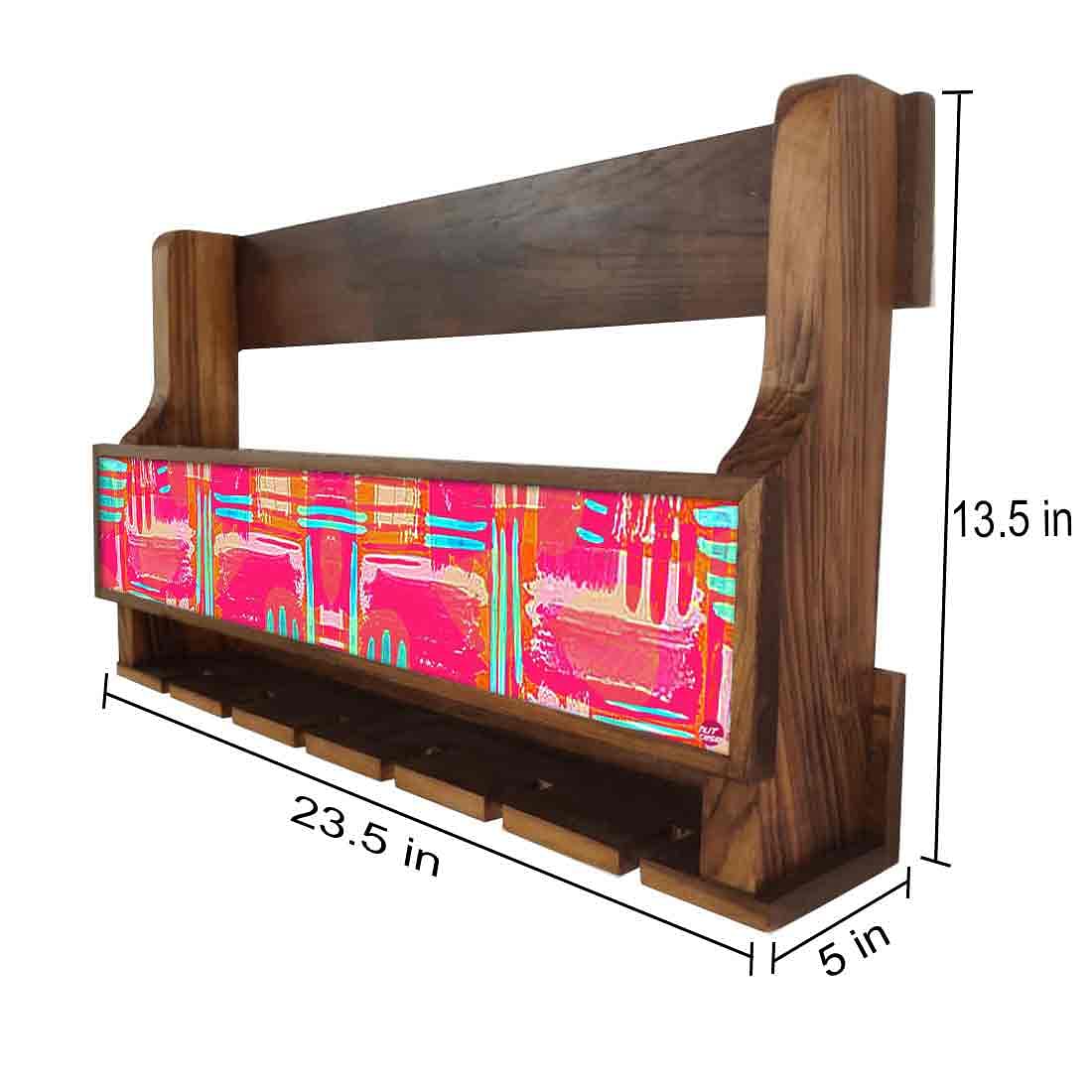 Nutcase Designer Wooden Wine Rack Gloss Holder, Teak Wood Wall Mounted Wine
 Cabinet , 5 bottle Hangers for 6 Wine Glasses -  Abstract Pink - Image 4