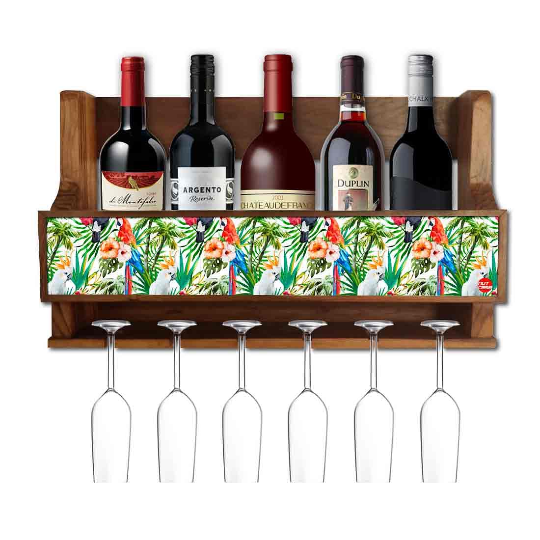 Nutcase Designer Wooden Wine Rack Gloss Holder, Teak Wood Wall Mounted Wine
Cabinet , 5 bottle Hangers for 6 Wine Glasses - Tropical Jungle
