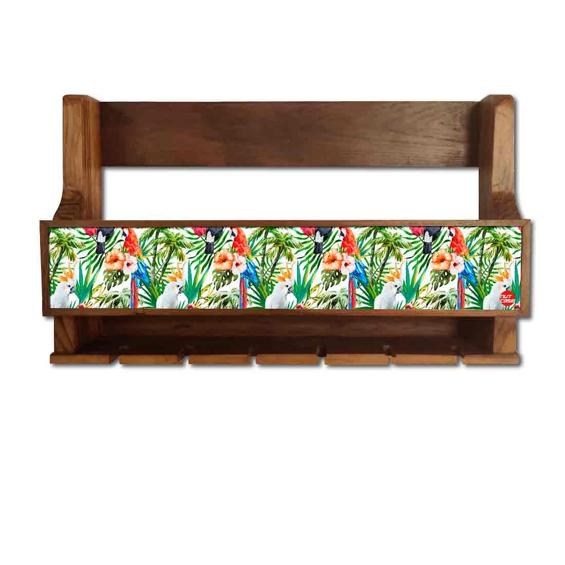 Nutcase Designer Wooden Wine Rack Gloss Holder, Teak Wood Wall Mounted Wine
Cabinet , 5 bottle Hangers for 6 Wine Glasses - Tropical Jungle - Image 2