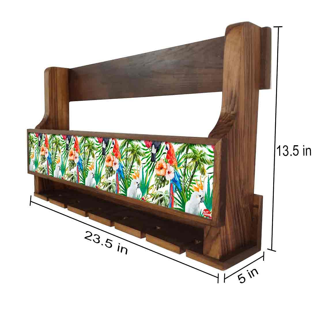 Nutcase Designer Wooden Wine Rack Gloss Holder, Teak Wood Wall Mounted Wine
Cabinet , 5 bottle Hangers for 6 Wine Glasses - Tropical Jungle - Image 4