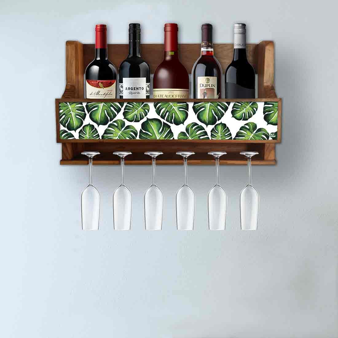 Wall Mounted Mini Bar Cabinet Wooden Wine Holder for 5 Bottles and 6 Glasses - Monstera Jungle - Image 3