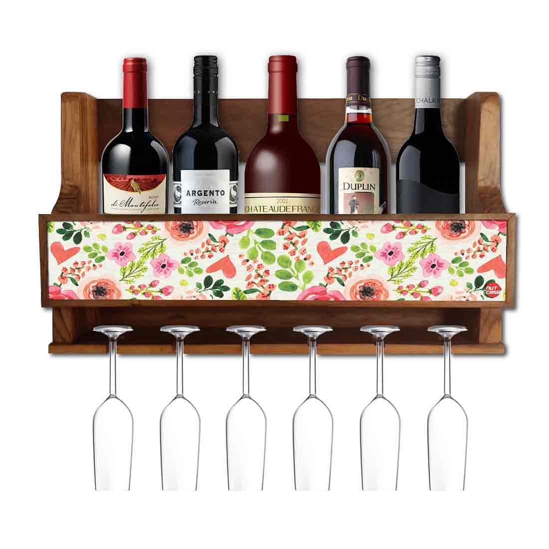 Nutcase Designer Wooden Wine Rack Gloss Holder, Teak Wood Wall Mounted Wine
Cabinet , 5 bottle Hangers for 6 Wine Glasses - Baby Flower