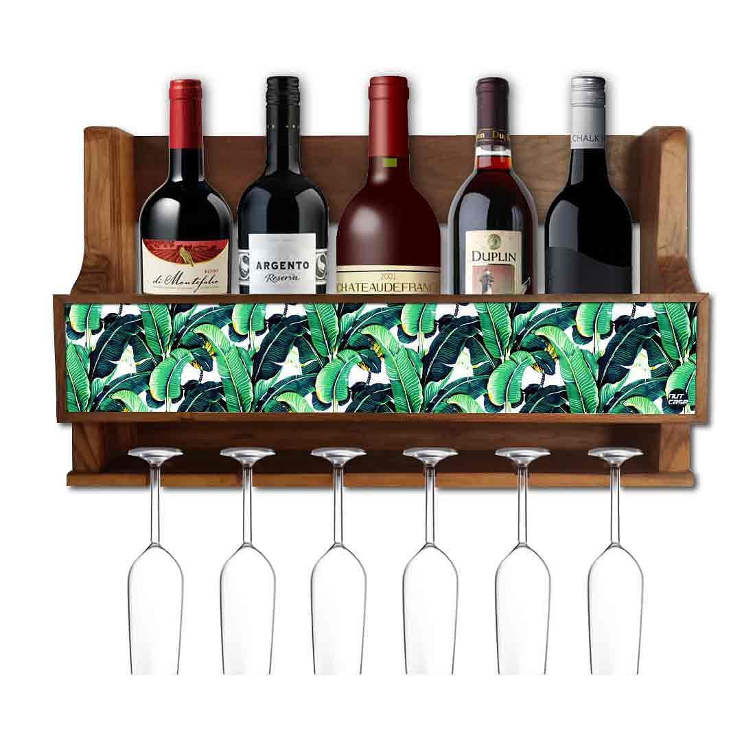Nutcase Designer Wooden Wine Rack Gloss Holder, Teak Wood Wall Mounted Wine
Cabinet , 5 bottle Hangers for 6 Wine Glasses - Banana Leaves