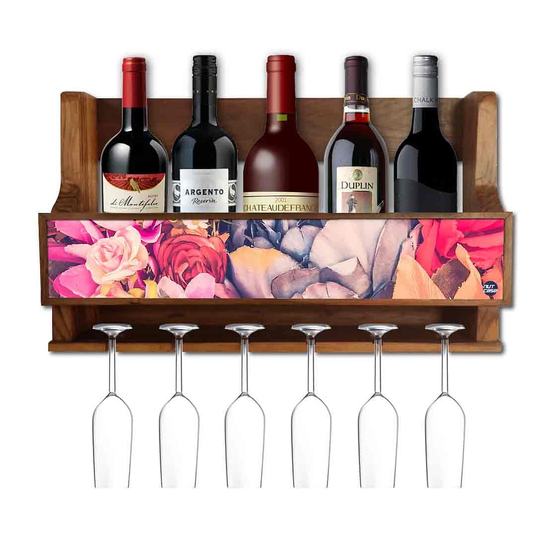 Nutcase Designer Wooden Wine Rack Gloss Holder, Teak Wood Wall Mounted Wine
Cabinet , 5 bottle Hangers for 6 Wine Glasses - Watercolor Flower