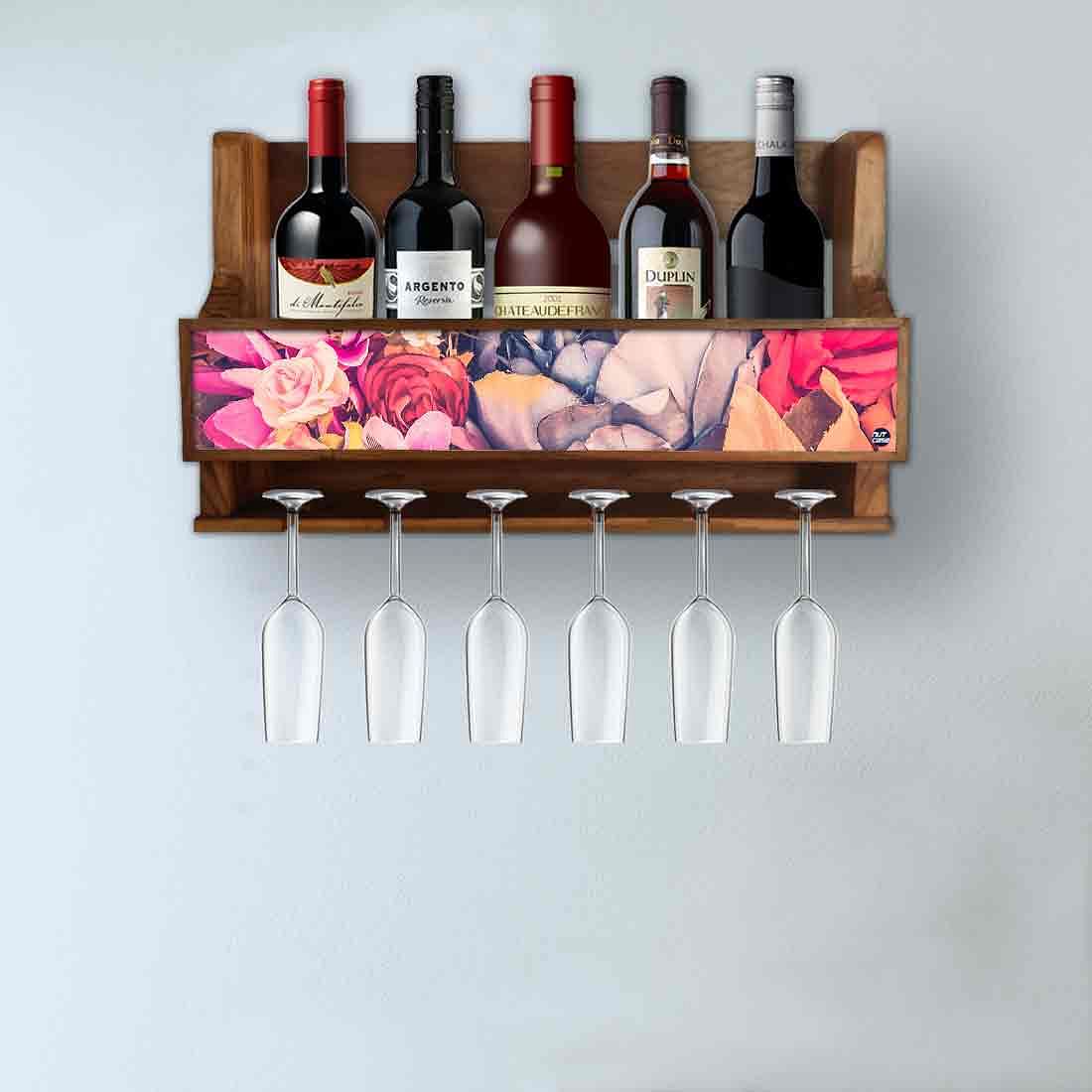 Nutcase Designer Wooden Wine Rack Gloss Holder, Teak Wood Wall Mounted Wine
Cabinet , 5 bottle Hangers for 6 Wine Glasses - Watercolor Flower - Image 3