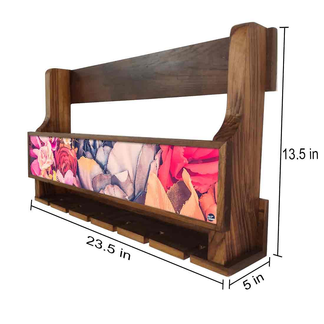 Nutcase Designer Wooden Wine Rack Gloss Holder, Teak Wood Wall Mounted Wine
Cabinet , 5 bottle Hangers for 6 Wine Glasses - Watercolor Flower - Image 4