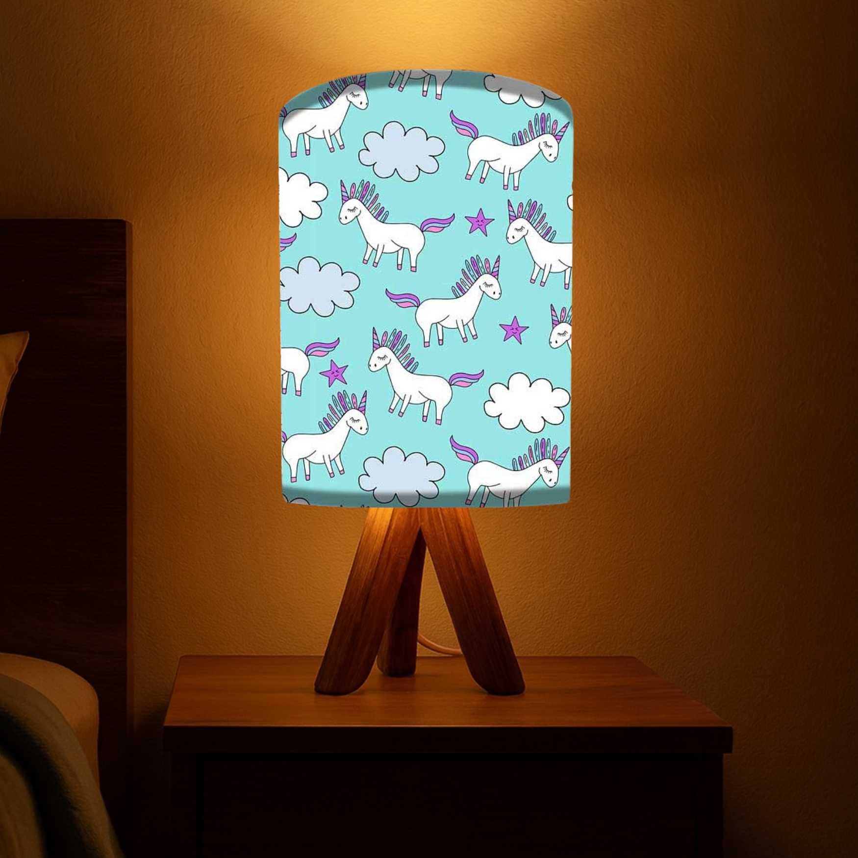 Wooden Tripod Table Lamp For Bedroom - Unicorn and Stars (3W LED Bulb Included)