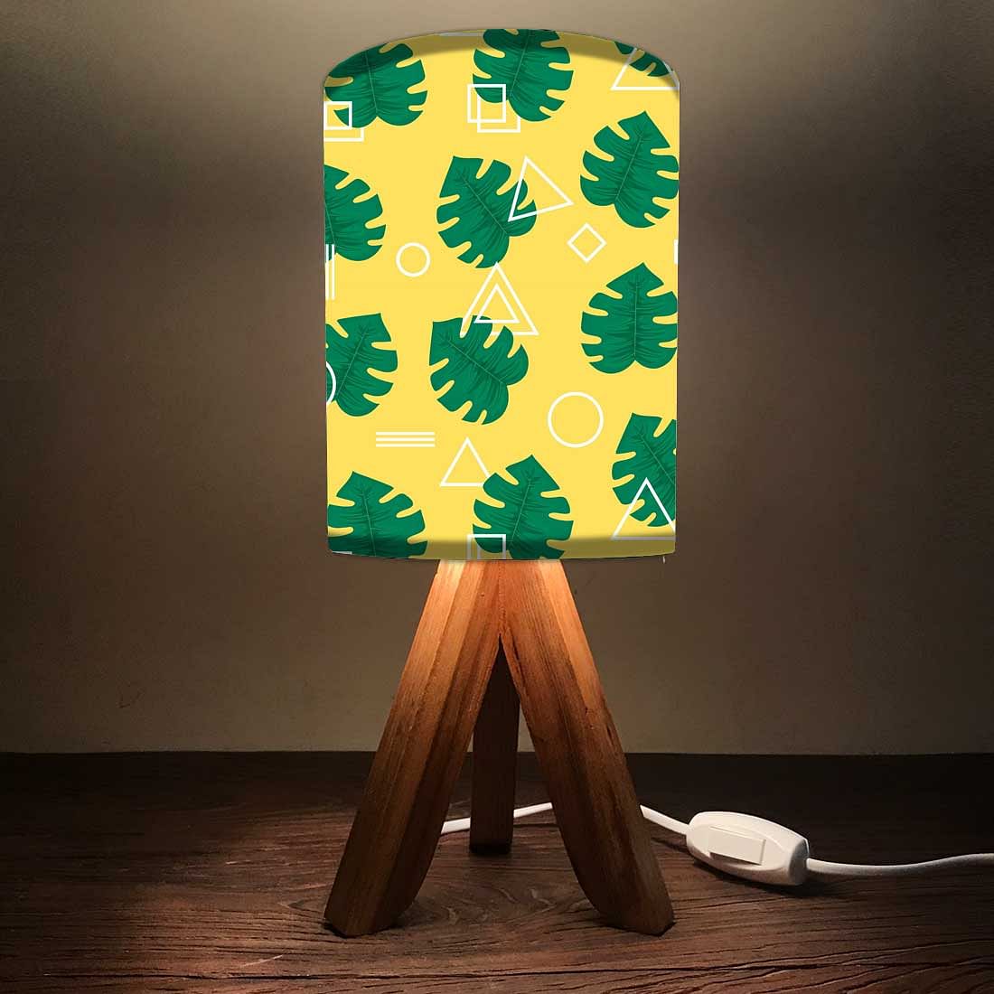 Wooden Tripod Table Lamp For Bedroom-Monstera Designs Yellow (3W LED Bulb Included)