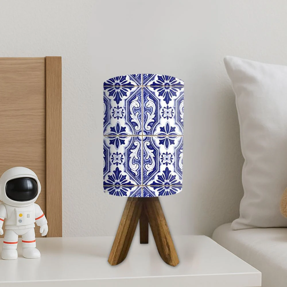 Wooden Tripod Table Lamp For Bedroom-Vertical Blue Flower Tiles (3W LED Bulb Included) - Image 2