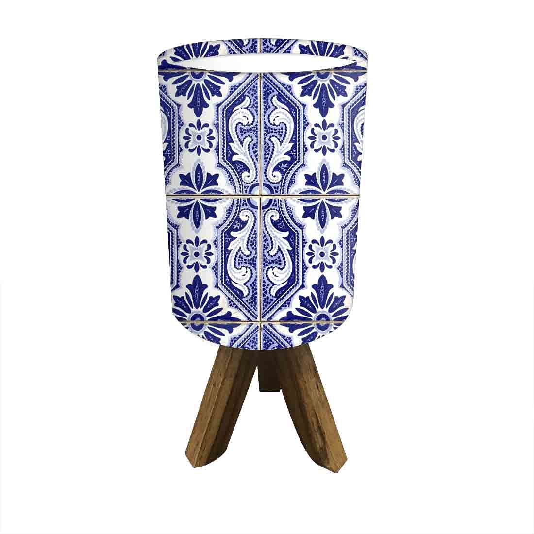 Wooden Tripod Table Lamp For Bedroom-Vertical Blue Flower Tiles (3W LED Bulb Included) - Image 4