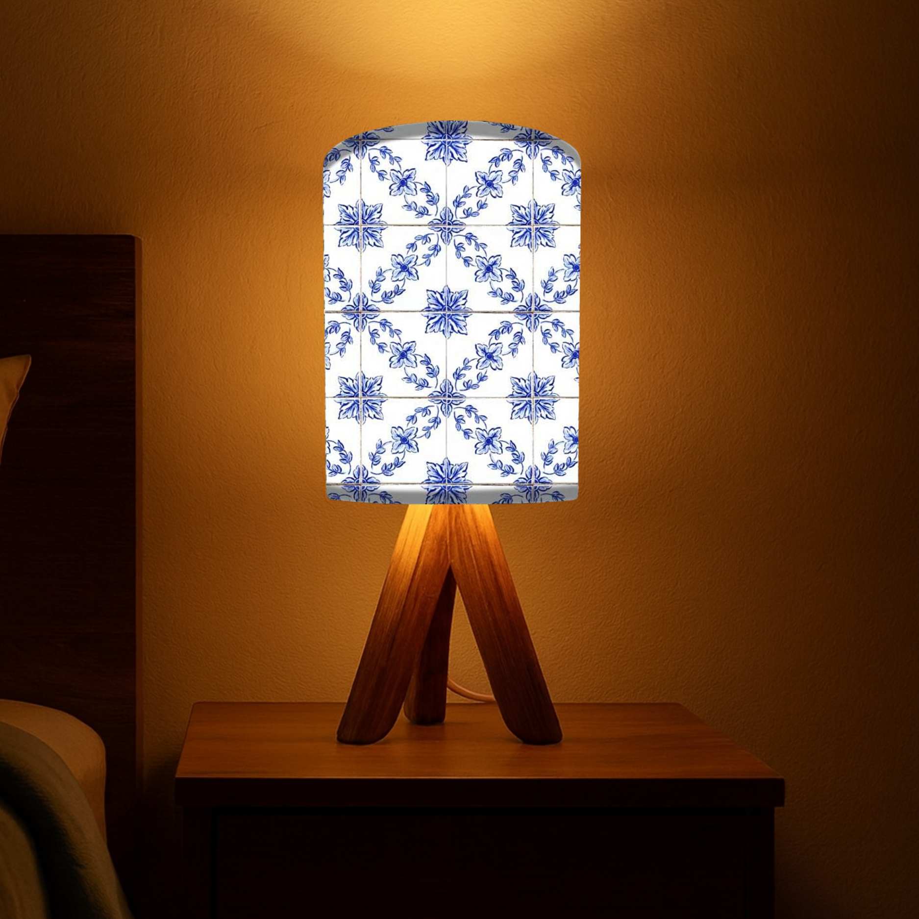Wooden Table Lamp For Bedroom-White Flower Tiles (3W LED Bulb Included)