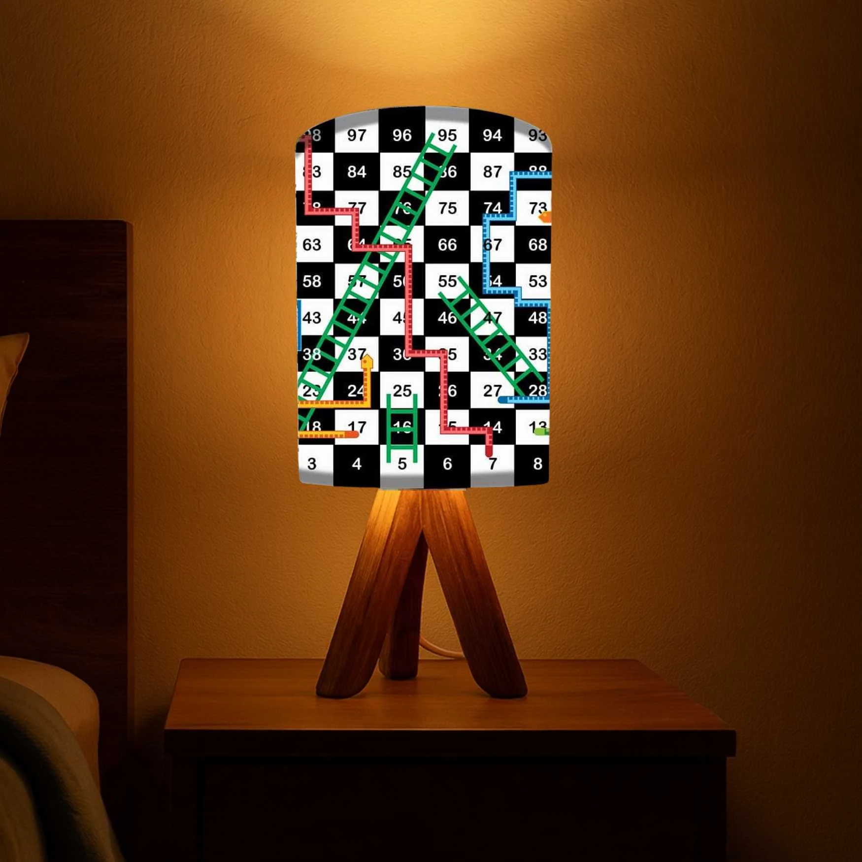 Natural Wood Table Lamp For Bedroom - Snake & Ladder (3W LED Bulb Included)